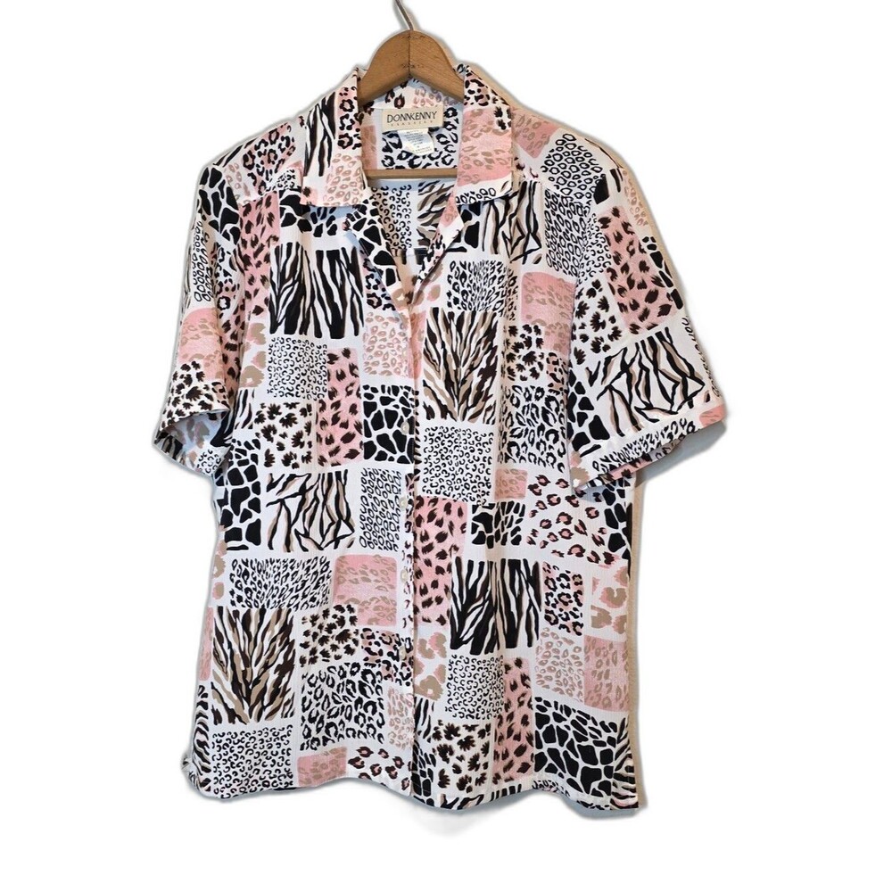 VTG DONNKENNY Classics Pink Animal Patchwork Print Top Short Sleeve Medium